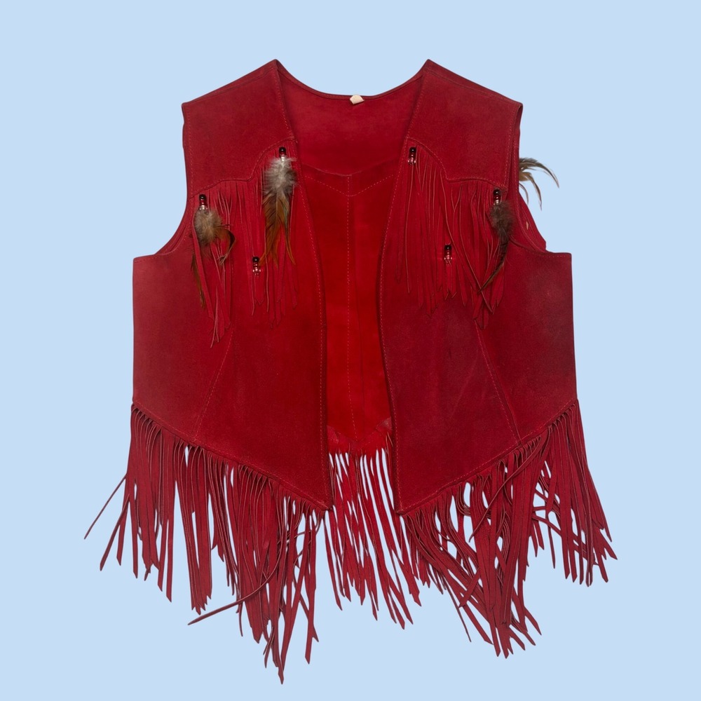 Vintage Red Suede Leather Fringe Vest with Feathers and Beads Mens XL